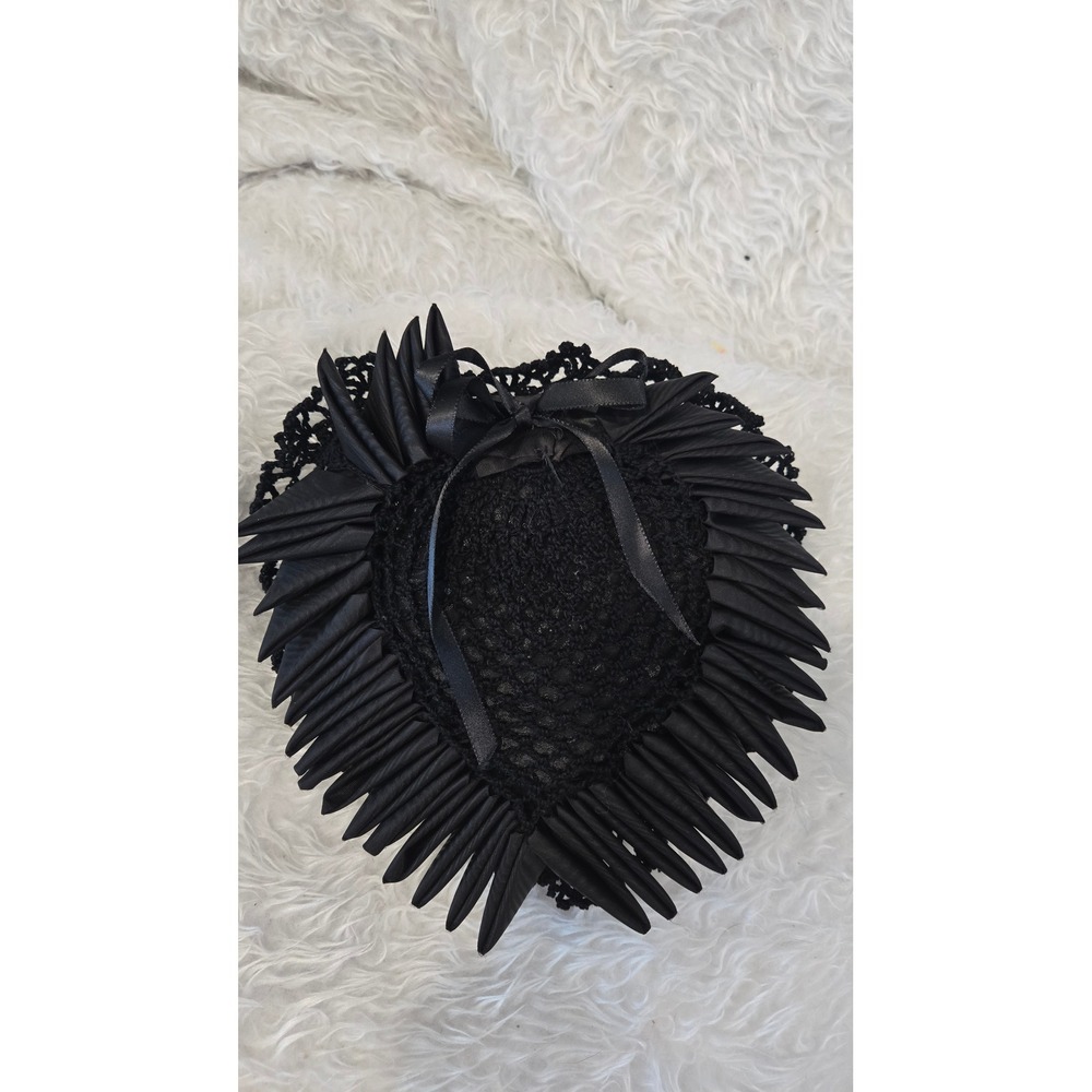 Handmade‎ Black Crochet Heart Snood Hair Net Satin Ribbon Trim Vintage Style